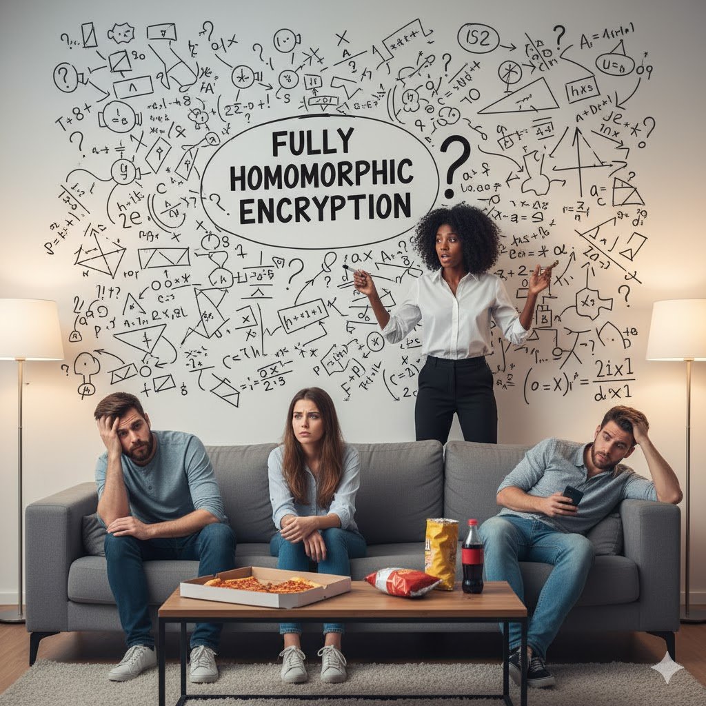 Karnataka49720's tweet photo. Trying to explain Fully Homomorphic Encryption to friends like… 🤯 #ZamaCreatorProgram #FHE #DataPrivacy #EncryptedComputing #TechHumor #ZamaAI @zama https://t.co/pENpQM9oln