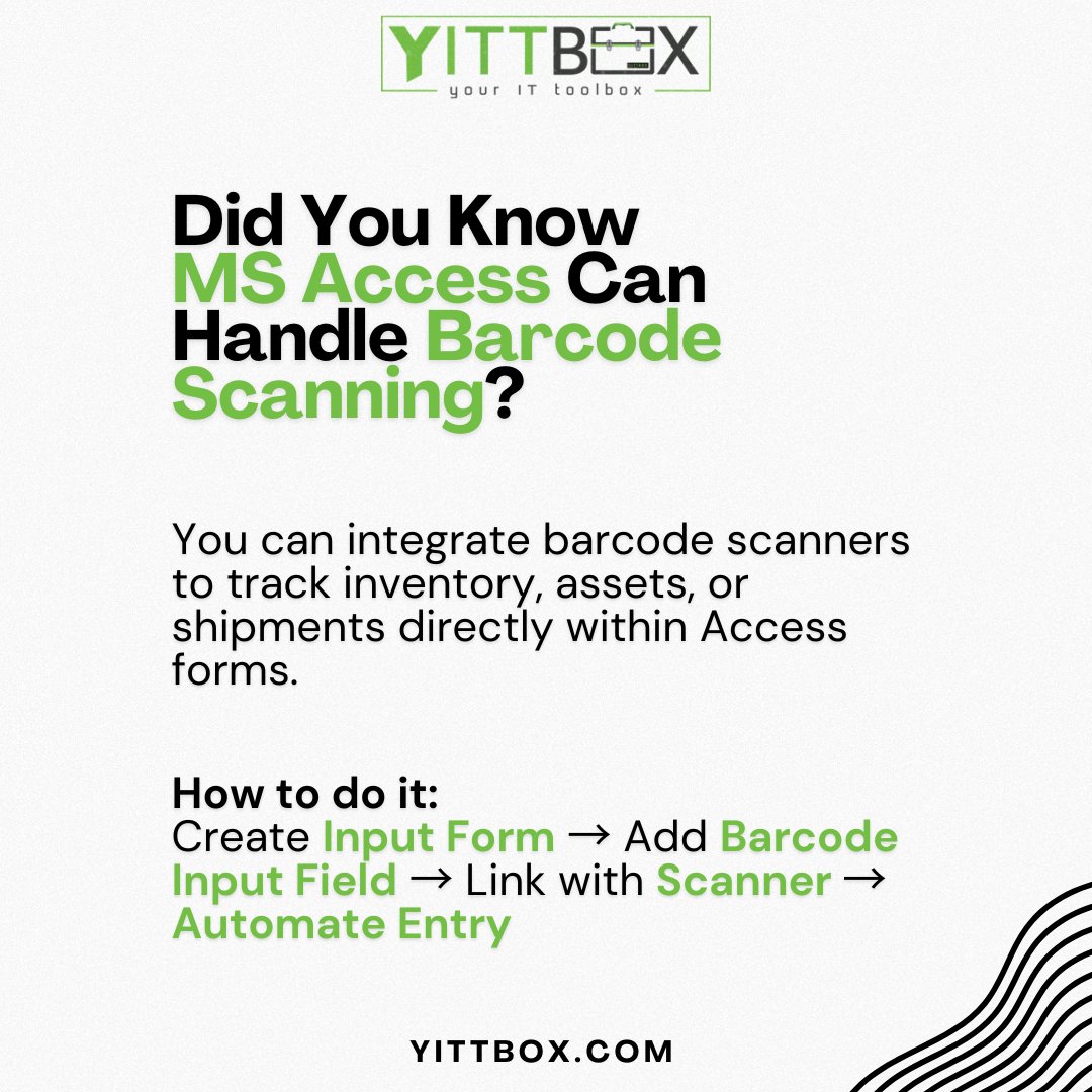 yittbox's tweet image. Scan smarter, not harder! 📦💡
Did you know MS Access can track inventory and assets instantly with barcode scanning, no expensive systems required?⚙️
#MicrosoftAccess #DataAutomation #InventoryManagement #BusinessIntelligence #ProcessOptimization #ITSolutions #TechForBusiness