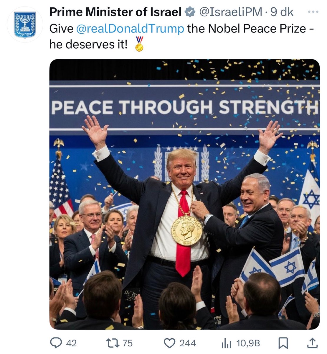 İsrail Başbakanlık Ofisi’nin paylaştığı yapay zeka görüntüsü:

“Donald Trump’a Nobel Barış Ödülü’nü verin. O bunu hak ediyor!”