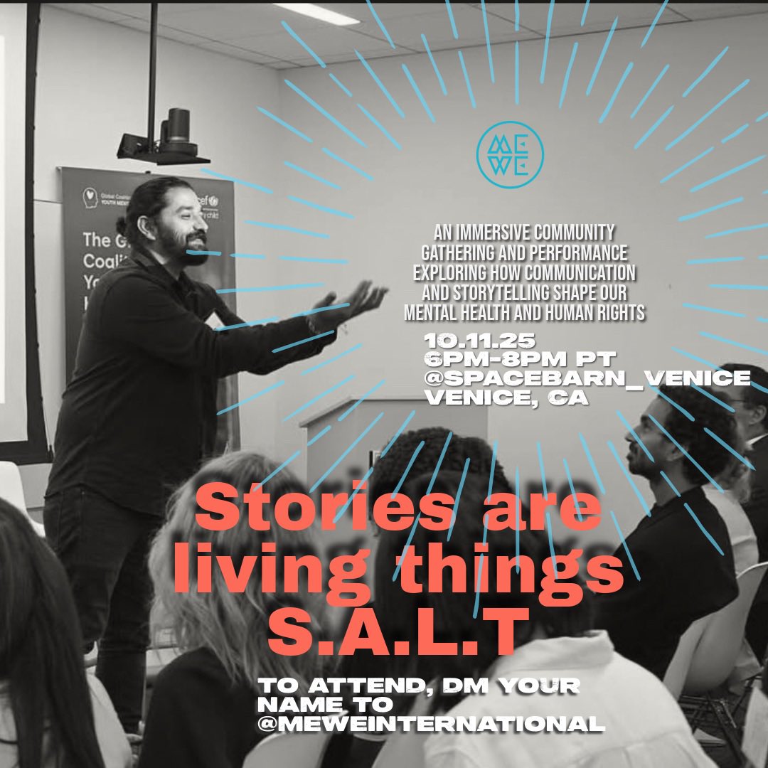 MeWeIntl's tweet image. Stories are living things. Communication &amp;amp; our social connectedness —including narratives—are pillars of health &amp;amp; rights. Join me &amp;amp; my org @MeWeIntl for a performance x panel on arts and #mentalhealth SAT 10.11.25 LA California. 6pm. DM your name. #worldmentalhealthday