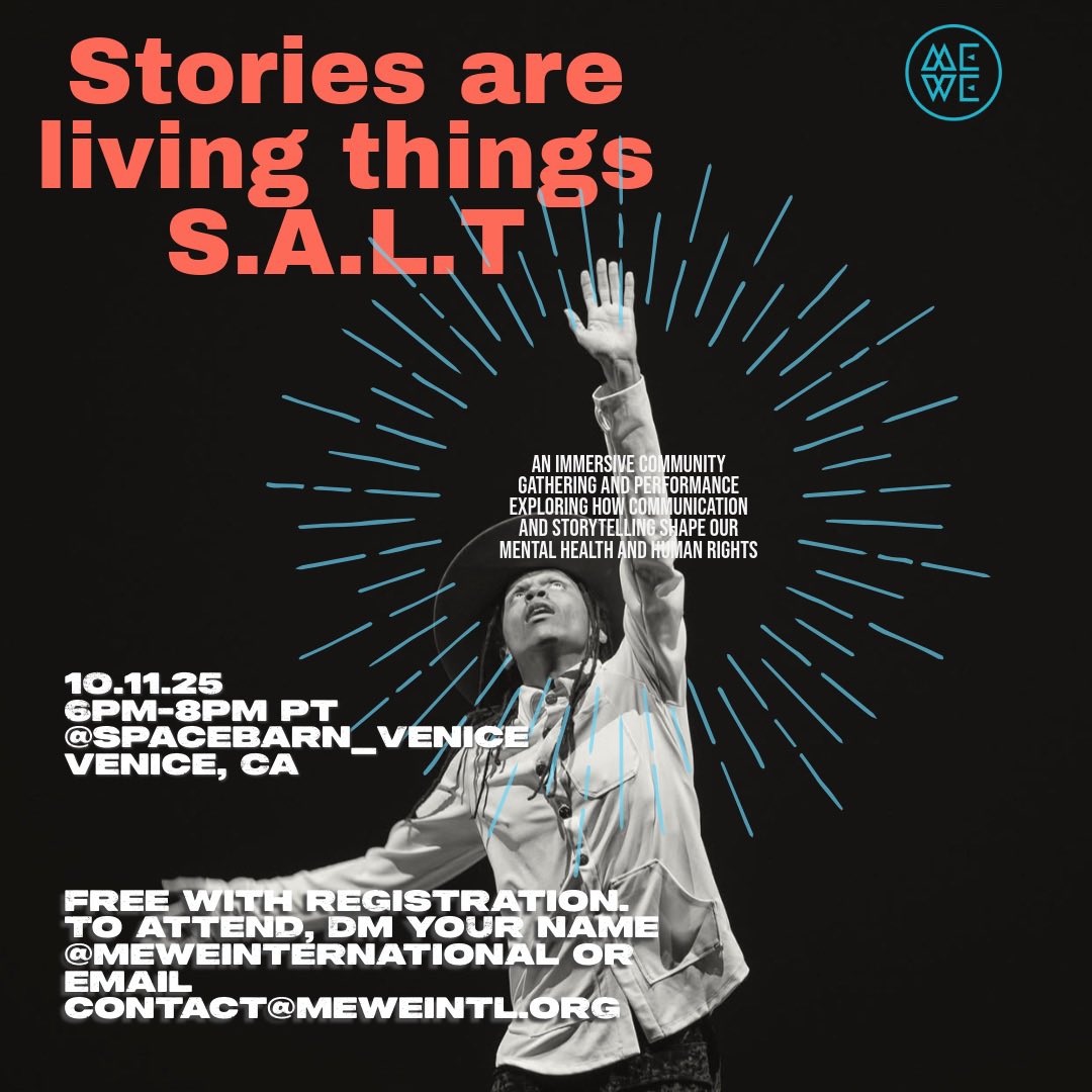 MeWeIntl's tweet image. Stories are living things. Communication &amp;amp; our social connectedness —including narratives—are pillars of health &amp;amp; rights. Join me &amp;amp; my org @MeWeIntl for a performance x panel on arts and #mentalhealth SAT 10.11.25 LA California. 6pm. DM your name. #worldmentalhealthday