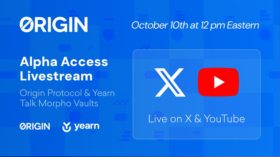 OriginProtocol's tweet image. 🎙️Tune into our Alpha Access Livestream tomorrow at 12 pm EDT! 

We&apos;ll give updates on $OGN, walk through new integrations, and chat with @yearnfi about our Borrow Booster Markets: