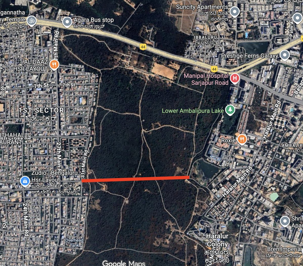 streetfrontier's tweet image. Let me throw in a crazy idea.

Connect Bellandur with HSR Layout through a 0.5 km tunnel underneath the defence land exclusively for cyclists and pedestrians.

This small link can unlock massive connectivity between two dense neighbourhoods.