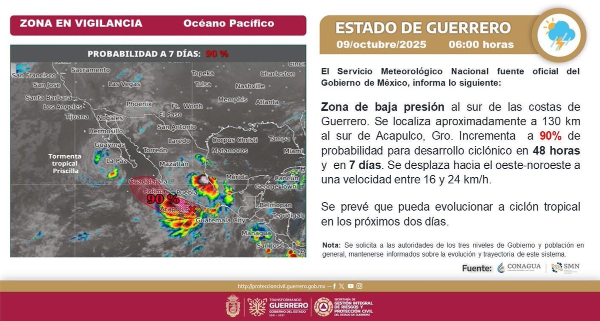 EvelynSalgadoP's tweet image. Como lo hemos venido informando, se mantiene bajo vigilancia una zona de baja presión al sur de las costas de Guerrero. ⚠️

De acuerdo con el pronóstico de @PC_Guerrero, se esperan lluvias muy fuertes, oleaje elevado y vientos intensos a partir de hoy, especialmente en las…