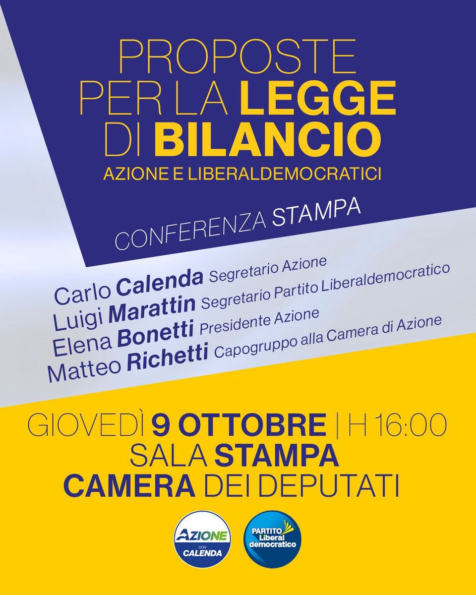 Ora in sala stampa della Camera dei Deputati per conto di <a href="/Azione_it/">Azione</a> e <a href="/Partito_Libdem/">Partito Liberaldemocratico</a>, i Segretari <a href="/CarloCalenda/">Carlo Calenda</a> e <a href="/marattin/">Luigi Marattin</a>, la Presidente <a href="/elenabonetti/">Elena Bonetti</a> e l’Onorevole <a href="/MatteoRichetti/">Matteo Richetti</a> presentano congiuntamente le proposte per la Legge di Bilancio #leggedibilancio #proposte