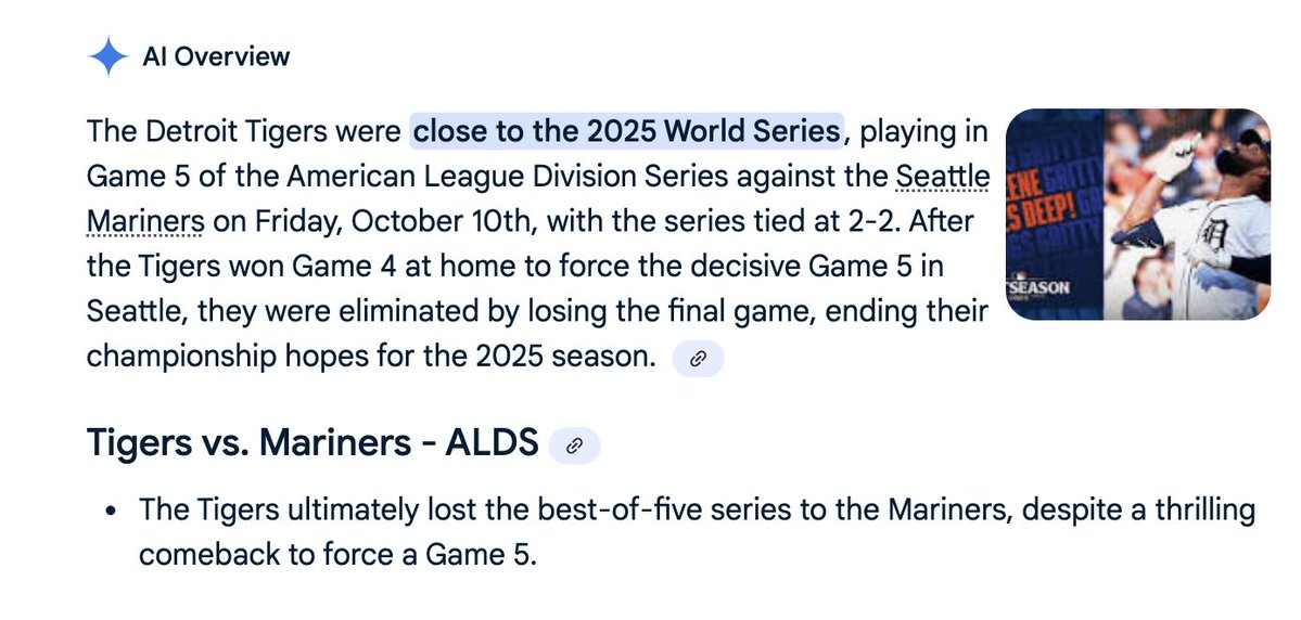 scottstatson's tweet image. Help me with this. @Google AI tool is acting as if it already knows the outcome of the @tigers game tomorrow night against @Mariners ?!?!