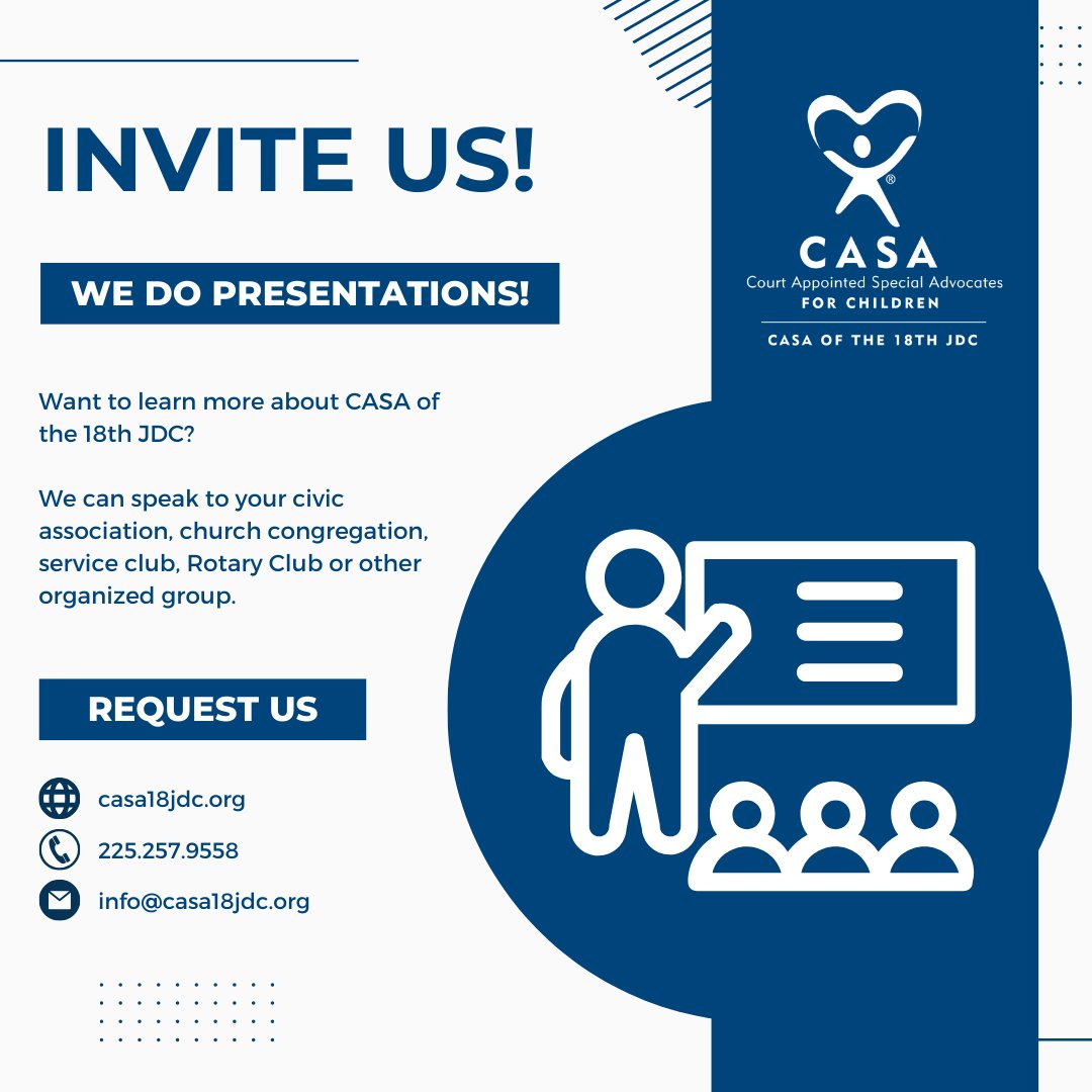 Want to learn more about our organization? How you can help? What our CASAs do? How we serve children in our community? We do presentations across the community - at your workplace, civic group, church or just a few friends. Schedule a presentation: info@casa18jdc.org.💙❤️