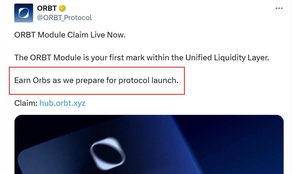 Airdrop6_com's tweet photo. New #airdrop: ORBTProtocol (Potential Airdrop & End Soon)
Reward: Point & Token (Confirmed)
News: Yahoo, ORBTModule
Distribution date: After TGE

🔗Airdrop Link: https://t.co/ughkw023ex

1: Log in with your twitter account and connect your EVM address
2: Mint your ORBT Module on Base and complete all airdrop tasks
3: ORBT Enters Market with $20 Billion in Pre Funded settlements
4: ORBT is a new modular yield protocol blend RWA and DeFi lend