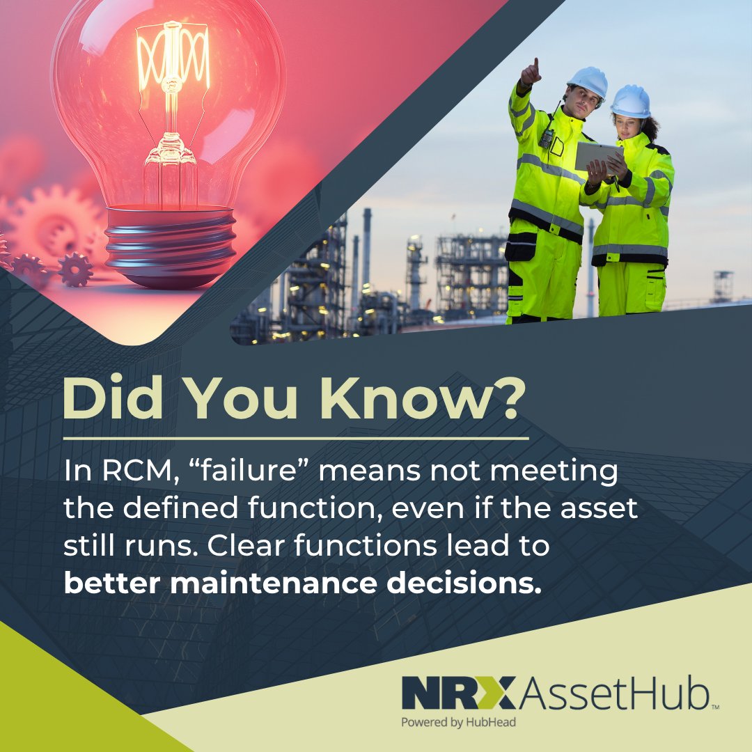 DataSeerDigital's tweet image. Did you know? In RCM, “failure” means not meeting the defined function, even if the asset still runs. Clear functions lead to better maintenance decisions. #FactOfTheWeek #DataSeer #Reliability