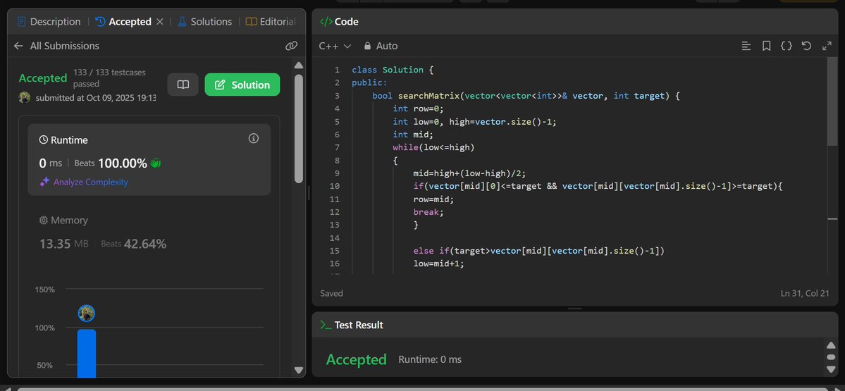 DevSrivast19865's tweet image. Day #9(9th Oct 2025)
Solved leetcode Q74, Search in a 2D Matrix .
#Coding #CodingJourney #codinglife #DSA #Software #buildinpublic #100DaysOfCode