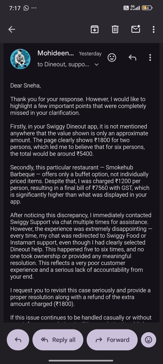NAbdulKhadar's tweet photo. Dear @SwiggyCares can you look into the complaint Re: Fwd: Re: Complaint Regarding Overcharged Bill and Poor Service at Smokehub Barbeque #1123991. It's been 48hrs last email sent and no response received. Can you let me know When I get response from your team? https://t.co/E9bFvHa87E
