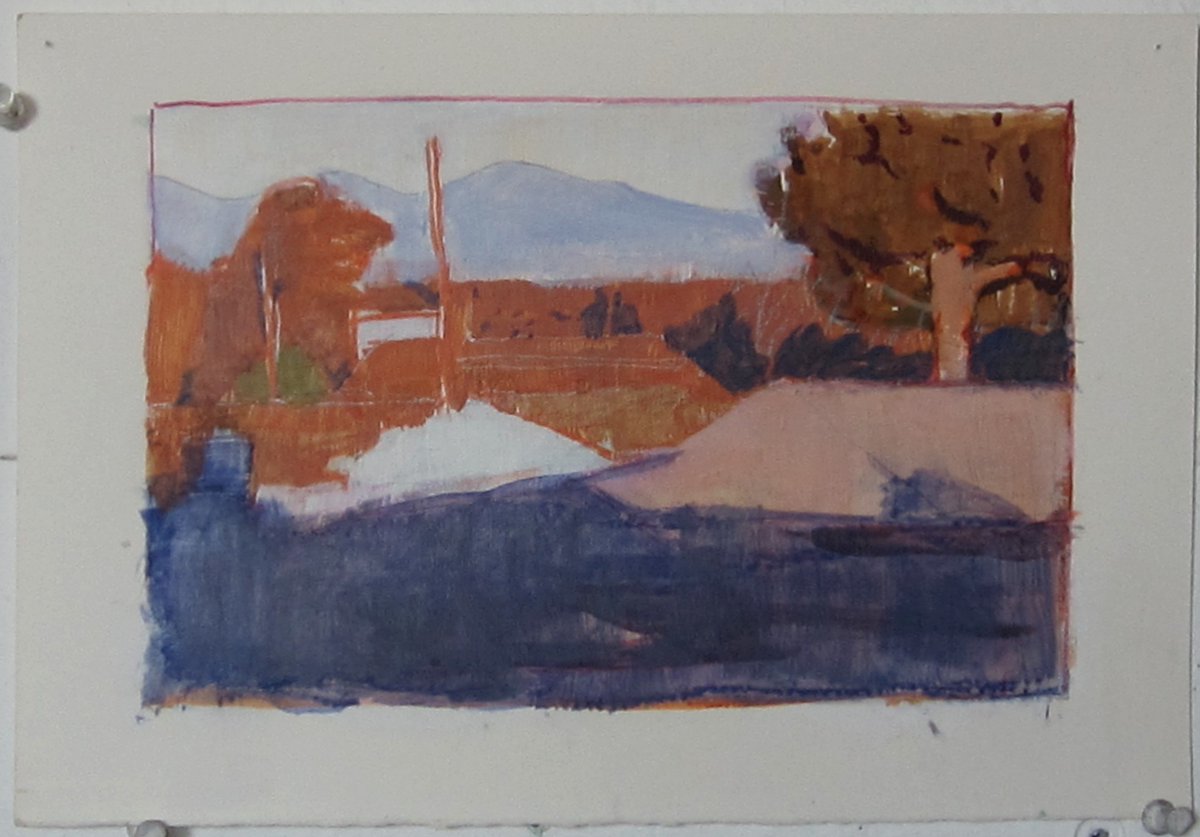 hobothumb's tweet image. good morning ☀️    a late afternoon view toward the hills     acrylic &amp;amp; pencil on bristol, 11x7"