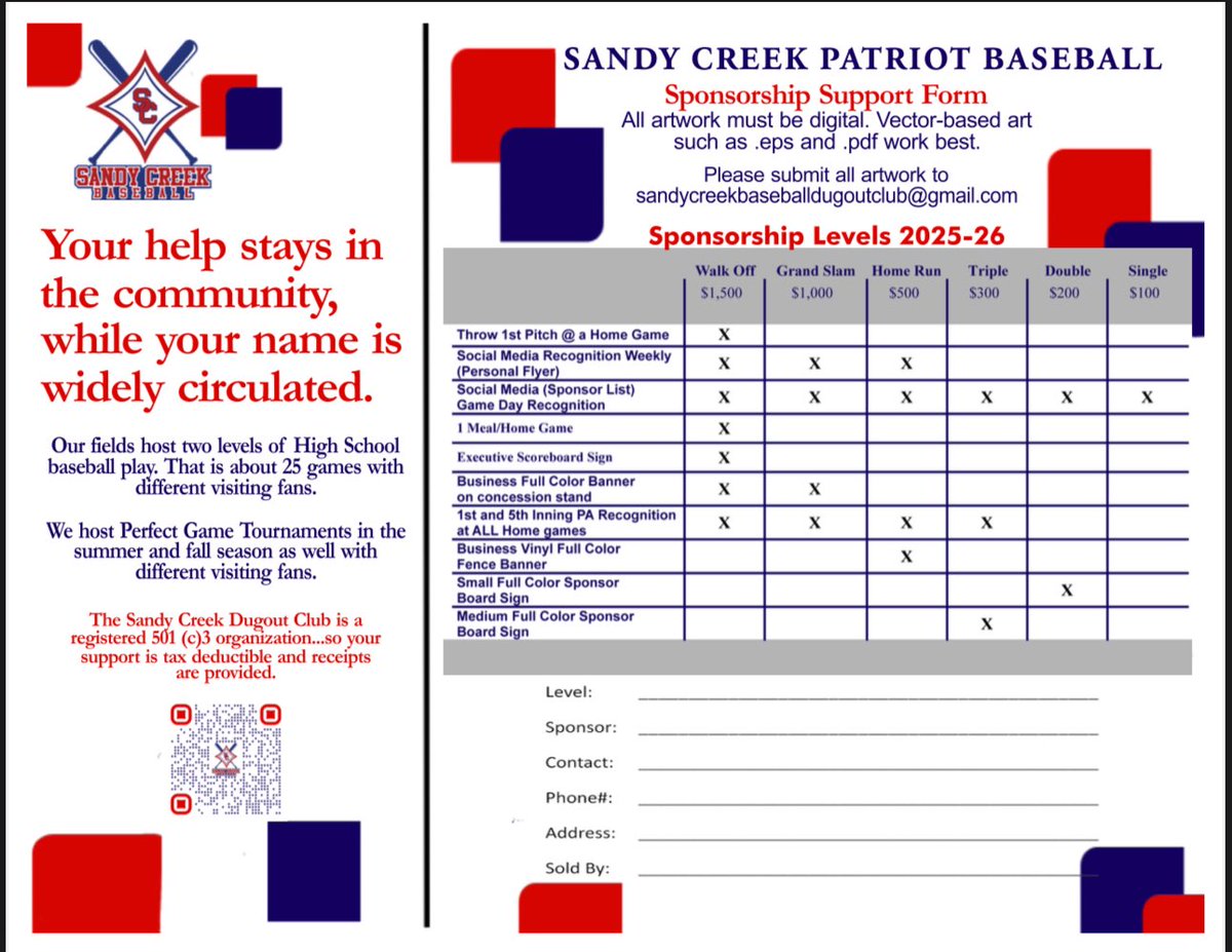 CreekBoysBSBL's tweet photo. Calling all businesses in the Tyrone, Peachtree City, Fayetteville, and metro Atlanta area!! 

The Sandy Creek Patriots Baseball Program needs your support!! @FayetteSports @schspatriotnews @coachbcarter43 @SCHS_Patriots @athletics_creek @TROliverEDU https://t.co/QFxeqaRsge