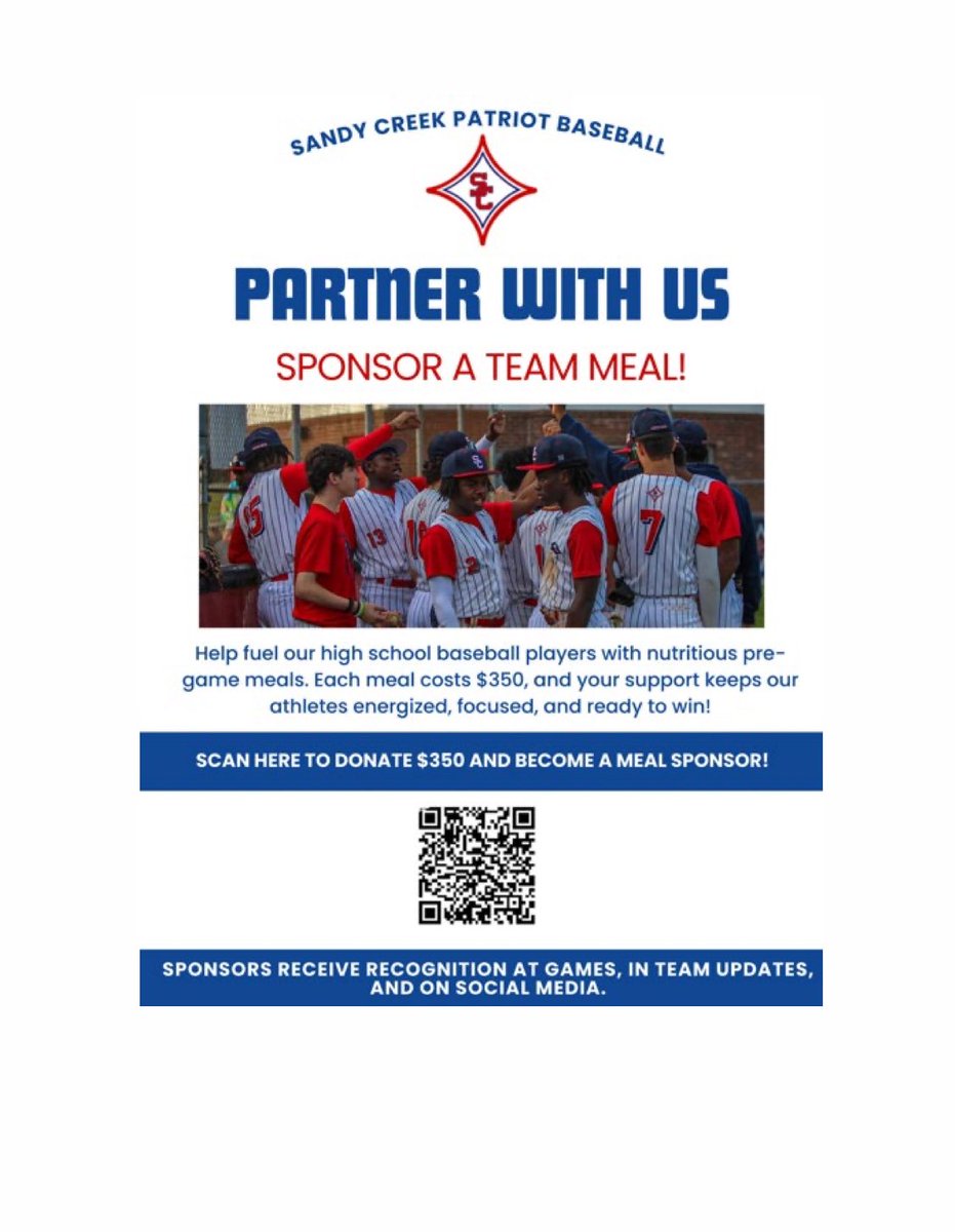CreekBoysBSBL's tweet photo. Calling all businesses in the Tyrone, Peachtree City, Fayetteville, and metro Atlanta area!! 

The Sandy Creek Patriots Baseball Program needs your support!! @FayetteSports @schspatriotnews @coachbcarter43 @SCHS_Patriots @athletics_creek @TROliverEDU https://t.co/QFxeqaRsge