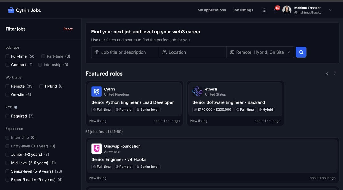 "I finished <a href="/CyfrinUpdraft/">Cyfrin Updraft 🟩</a>'s courses... now what? It's so hard to find a Web3 job"

<a href="/CyfrinAudits/">Cyfrin Audits</a>  heard you💃🏻

Introducing the Cyfrin Jobs Board, your direct pipeline to opportunities at the biggest protocols in Web3.💪🏻

No more endless searching. 
No more dead ends👇🏻