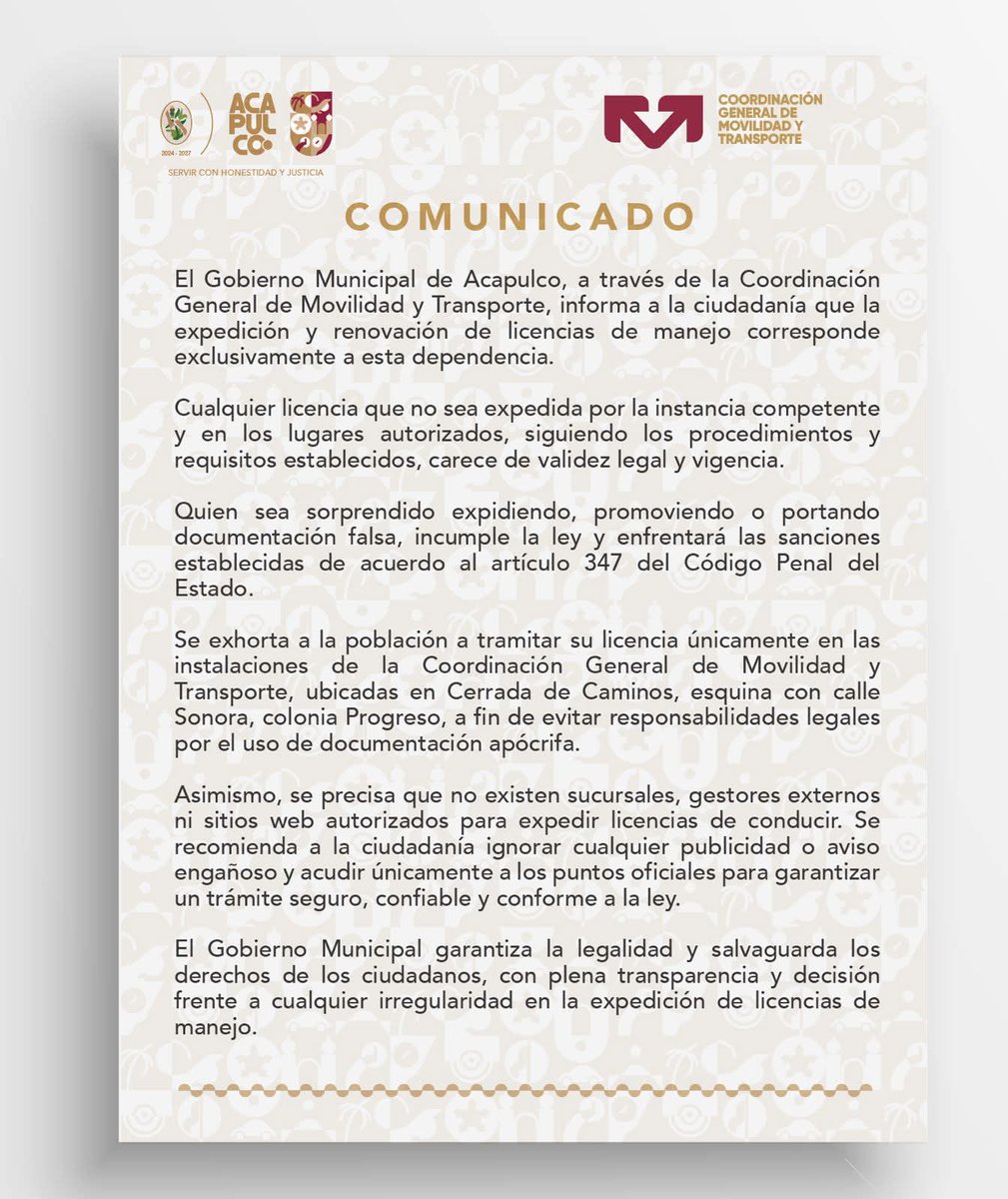 El <a href="/AcapulcoGob/">Gobierno de Acapulco</a>, <a href="/AbelinaLopezR/">Abelina López Rodríguez</a> a través de la Coordinación General de Movilidad y Transporte, informan: ¡No te dejes engañar! Las licencias de conducir falsas no tienen validez.

#Acapulco