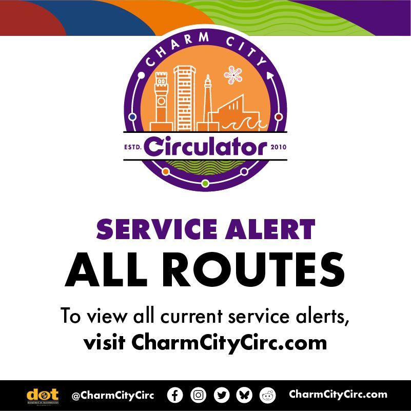 🚧🚌 Attention Circulator Riders:
Due to the race on 10/18, the Banner, Green, Orange, and Purple Routes will not operate from 9AM-4PM. There will also be a detour on Cherry.

🔗 Full details: bit.ly/CCCServiceAler…
📲 Real-time updates: bit.ly/CCCPassioGo

@bmorecitydot