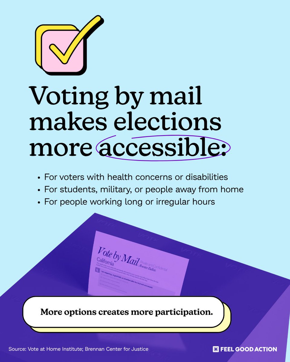 FeelGoodAction's tweet image. Mail-in voting creates more access, more participation, and stronger democracy. ✉️ 

This #NationalVoterEducationWeek, check your state’s mail-in ballot deadlines and tracking tools: bit.ly/39Yxj4l

#FeelGoodAction #VoteReady #CivicEngagement