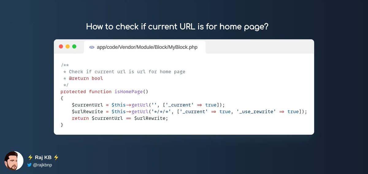 rajkbnp's tweet image. 🛒#Magento 2 Coding Tips 💡
If you are wondering on
"How to check if the current URL is for the home page in #Magento 2?"
Here is the answer 👇