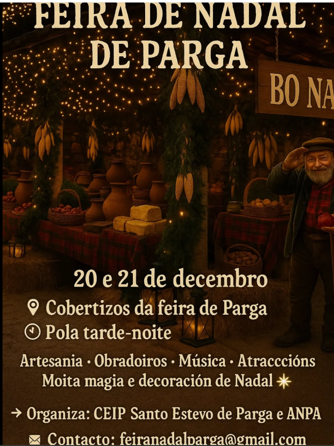 Celebrarase o 20 e 21 de decembro no Campo da Feira de Parga
#ColegiodeParga   #FeiradeParga
#galicia #caminodesantiago #artesania #galiciacalidade #artesanía #rural #guitiriz #Nadal  #lugo #coruña #pontevedra #trip #ourense #ferrol #betanzos #viajar #navidad #turismo #terrachá