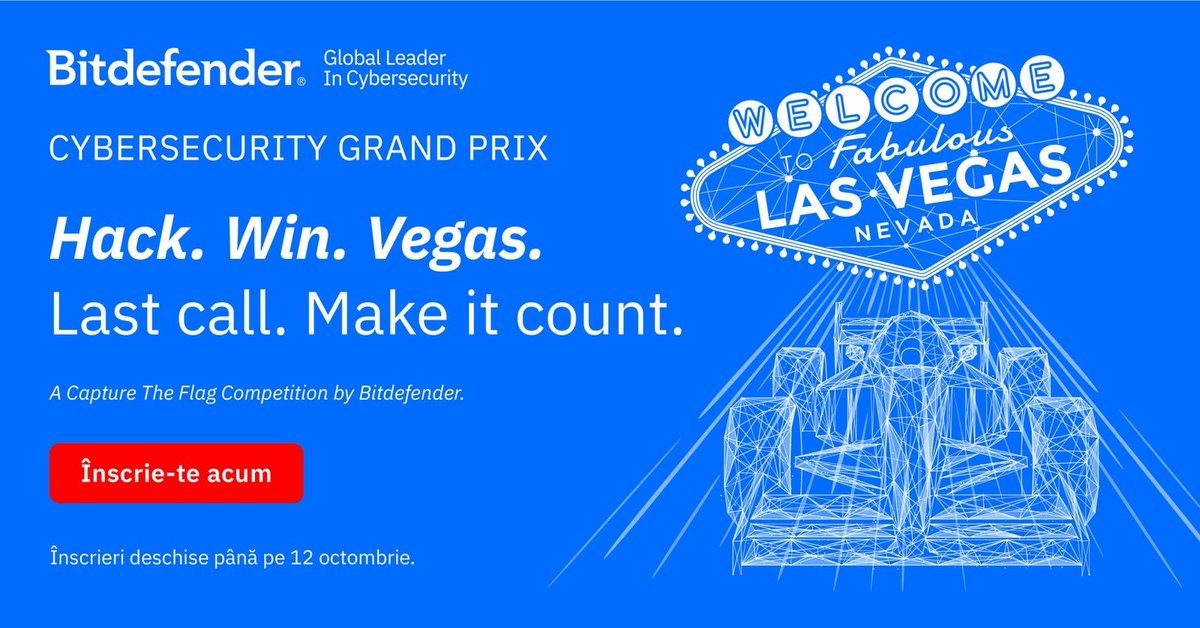 DefCampRO's tweet image. 🚨 Last call to join the #cybersecurity competition that could take you to Las Vegas next summer to the world’s biggest hacking conference: #DEFCON 😱 

❗ Sign up now for Cybersecurity Grand Prix - A Capture the Flag Competition by @Bitdefender 👉 bitdefender.com/CTF