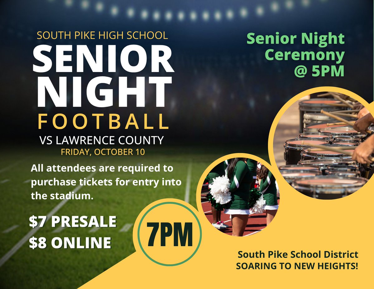 🎉🏈 Celebrate Senior Night on Friday, Oct 10! Ceremony at 5 PM, kickoff at 7 PM vs. Lawrence County. Get your tickets: $7 presale, $8 online. Don't miss out on the action! #SeniorNight #Football edl.io/n2118843