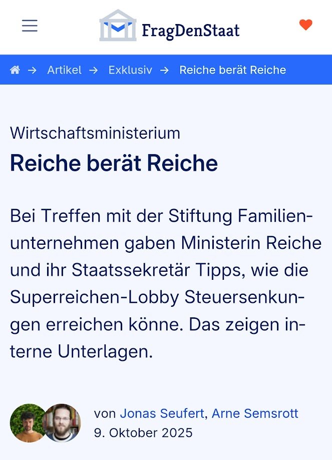 Neues aus dem Wirtschaftsministerium: Service-Hotline für Superreiche. FragDenStaat zeigt – Reiche &amp; Co. geben der „Stiftung Familienunternehmen“ Tipps, wie man noch effektiver lobbyiert. 
Stellt euch den Aufschrei vor, wenn ein Arbeitsminister Arbeitslose darin schulen würde,