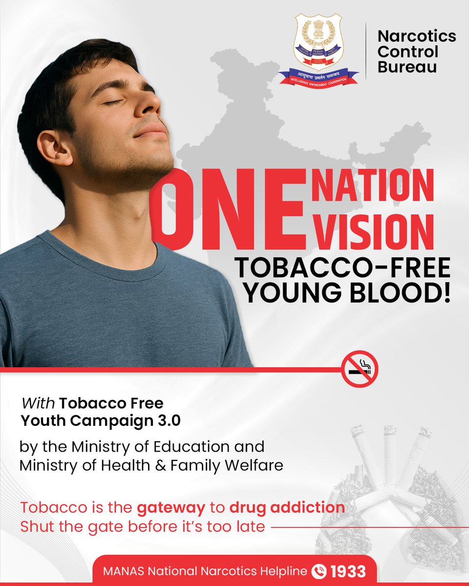 NCB MANAS (@ncbmanas) on Twitter photo Tobacco is the first step on a dangerous staircase leading straight to hard drugs.
Join the Tobacco Free Youth Campaign 3.0 by the <a href="/EduMinOfIndia/">Ministry of Education</a> & <a href="/MoHFW_INDIA/">Ministry of Health</a>. Take a stand for a tobacco-free generation.
#TobaccoFreeYouth #HealthyTomorrow #NCB #NarcoticsControlBureau Tobacco is the first step on a dangerous staircase leading straight to hard drugs.
Join the Tobacco Free Youth Campaign 3.0 by the <a href="/EduMinOfIndia/">Ministry of Education</a> & <a href="/MoHFW_INDIA/">Ministry of Health</a>. Take a stand for a tobacco-free generation.
#TobaccoFreeYouth #HealthyTomorrow #NCB #NarcoticsControlBureau
