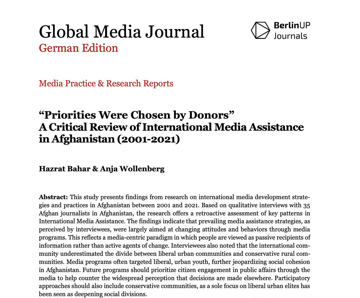 📢 New Publication!
We are pleased to announce that our researcher Dr. Hazrat Bahar, together with Anja Wollenberg, has published a new study in the Global Media Journal.
The study explores international media development strategies and practices in Afghanistan between 2001 and