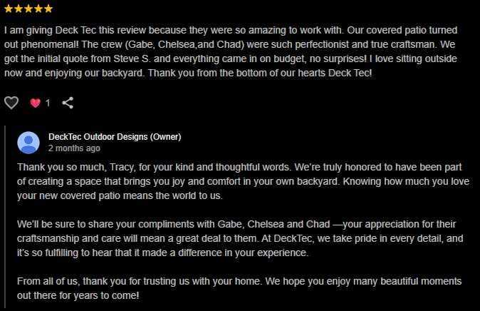 DeckTec's tweet image. We take great pride in our work, and it means so much to us when we receive a kind review!

#decktec #decks #deckdesign #paverpatio #pavers #outdoorliving #decklife