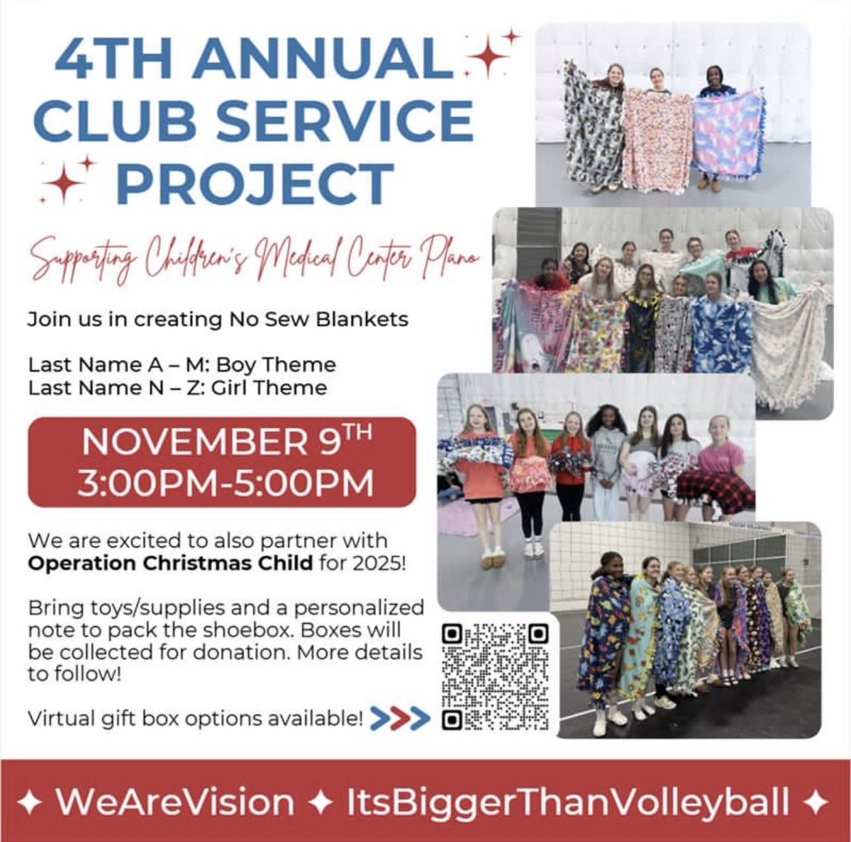 VisionVBClub1's tweet image. MARK YOUR CALENDARS!

Our 4th Annual Club Service Project is ONE month away!

📆 November 9 | 3–5 PM
✂️ No-Sew Blankets
🏥 Children’s Medical Center Plano

Teaming up with Operation Christmas Child this year to make an even bigger impact! 🌍

#WeAreVision #ItsBiggerThanVolleyball
