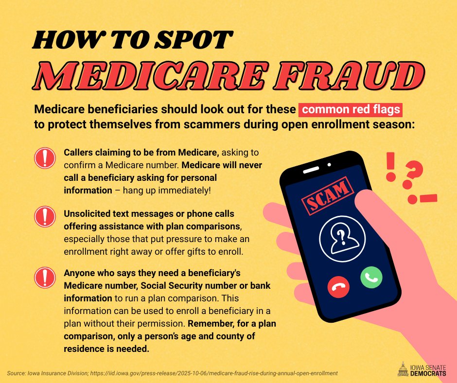 IowaSenate's tweet image. As the enrollment period opens, be on the lookout for Medicare fraud. Learn how to spot scammers and keep your information secure.