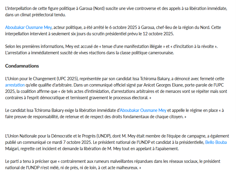 jtchoufang's tweet photo. Arrestation de Aboubakar Ousmane Mey (#AOM) à Garoua... ou l'expression des intrigues très #continentaises, qui préfigurent les lendemains d'élections.
Les faits sont survenus le 6 octobre 2025, et cet article de @Koaci en rappelle le contexte.
https://t.co/nXz8DOwB9f https://t.co/nBkrvbyEIH