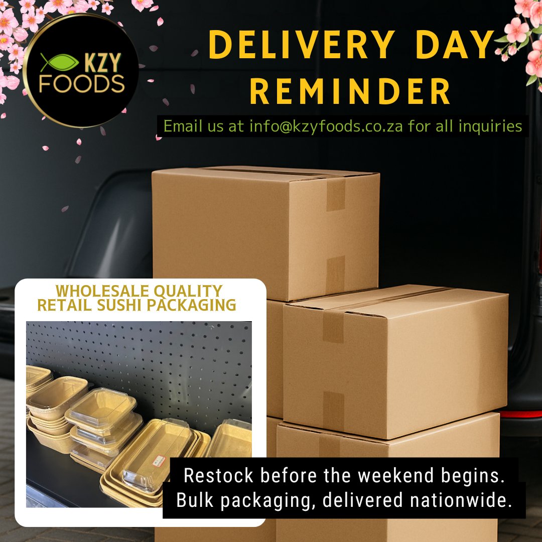 📦 Delivery day reminder!
Restock before the weekend — bulk sushi &amp; deli packaging delivered nationwide.
 info@kzyfoods.co.za | kzyfoods.co.za
#KZYFoods #WholesalePackaging #B2B #NationwideDelivery #ReliableSupply
