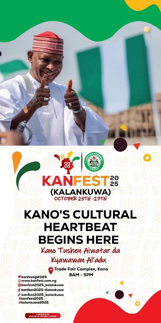 Kk_frontline's tweet image. Kano State Government welcomes you to its first official KALANKUWA titled &quot;KANFEST 2025&quot;

KANFEST is dedicated to celebrating Kano’s rich arts and crafts heritage. 

KANFEST is designed to become an annual state event, and the maiden edition is just around the corner.