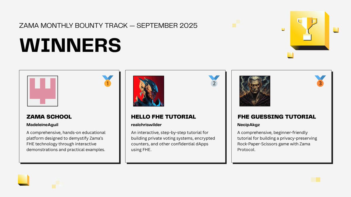zama_fhe's tweet image. And shoutout to the winners of the Zama Bounty Track: @madeleine_agu @realchriswilder @LanceNeop