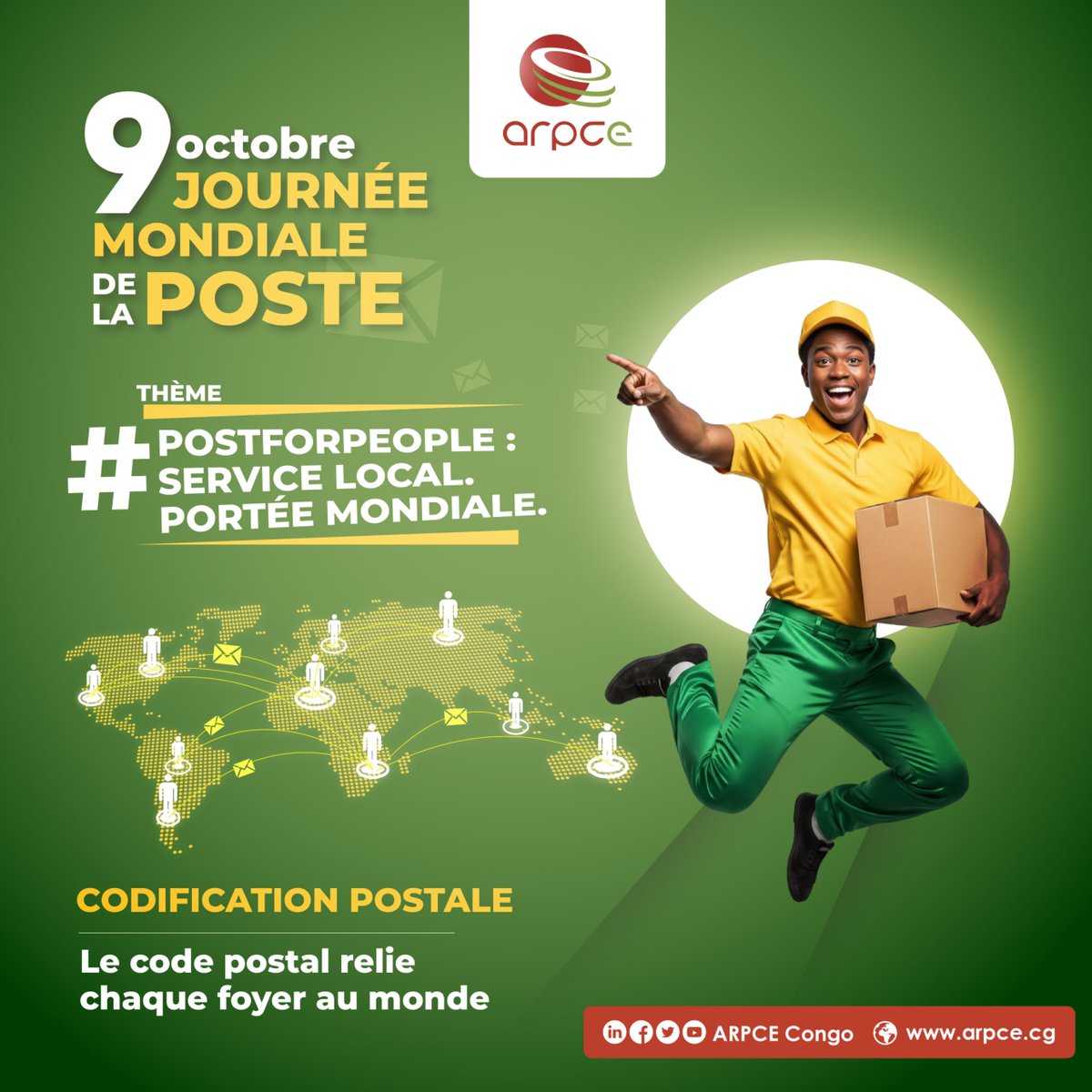 ARPCECongo's tweet image. Ce 9 octobre 2025, l’ARPCE se joint à la Communauté Internationale pour célébrer la Journée Mondiale de la Poste, marquant le 151ᵉ anniversaire de la création de l’Union Postale Universelle (UPU), fondée à Berne en 1874.
#ARPCECongo #Postes