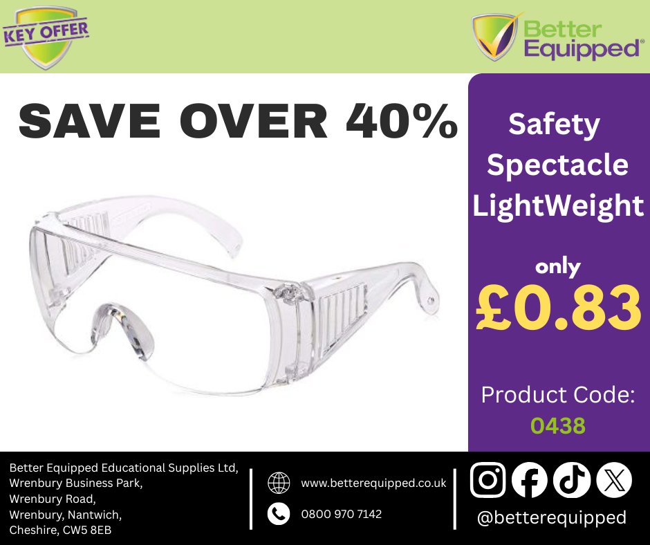 Save Over 40% on Safety Specs!
Our lightweight safety spectacles are now only 83p
betterequipped.co.uk/safety-spectac…
#ScienceLab #SchoolSafety #STEMEducation #StudentLabGear #ProtectiveEyewear #BetterEquipped #LabEquipment #GreatDeal