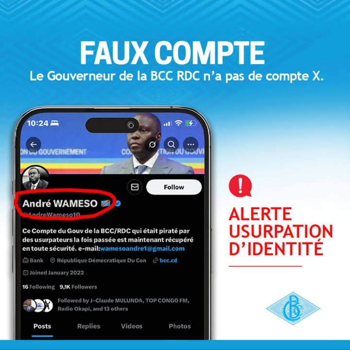 HTshivuadi's tweet image. 🚨 Attention aux arnaqueurs !
Un faux compte portant le nom d’André #WAMESO circule sur les réseaux. Ce compte n’appartient pas au Gouverneur de la #BCC.
Le Gouverneur n’a aucun compte sur les plateformes numériques.
Restons vigilants et signalons ces usurpateurs.