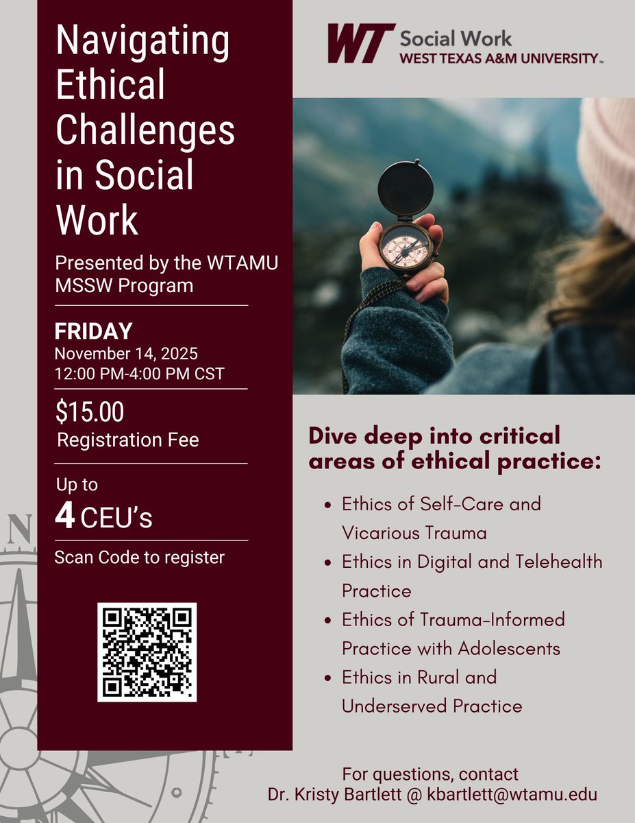 Join us for the WT MSSW student-led conference: 
Navigating Ethical Challenges in Social Work

Nov 14, 12–4pm CT | Virtual | $15 | Up to 4 CEUs

Register: mercury.wtamu.edu/university-fee…