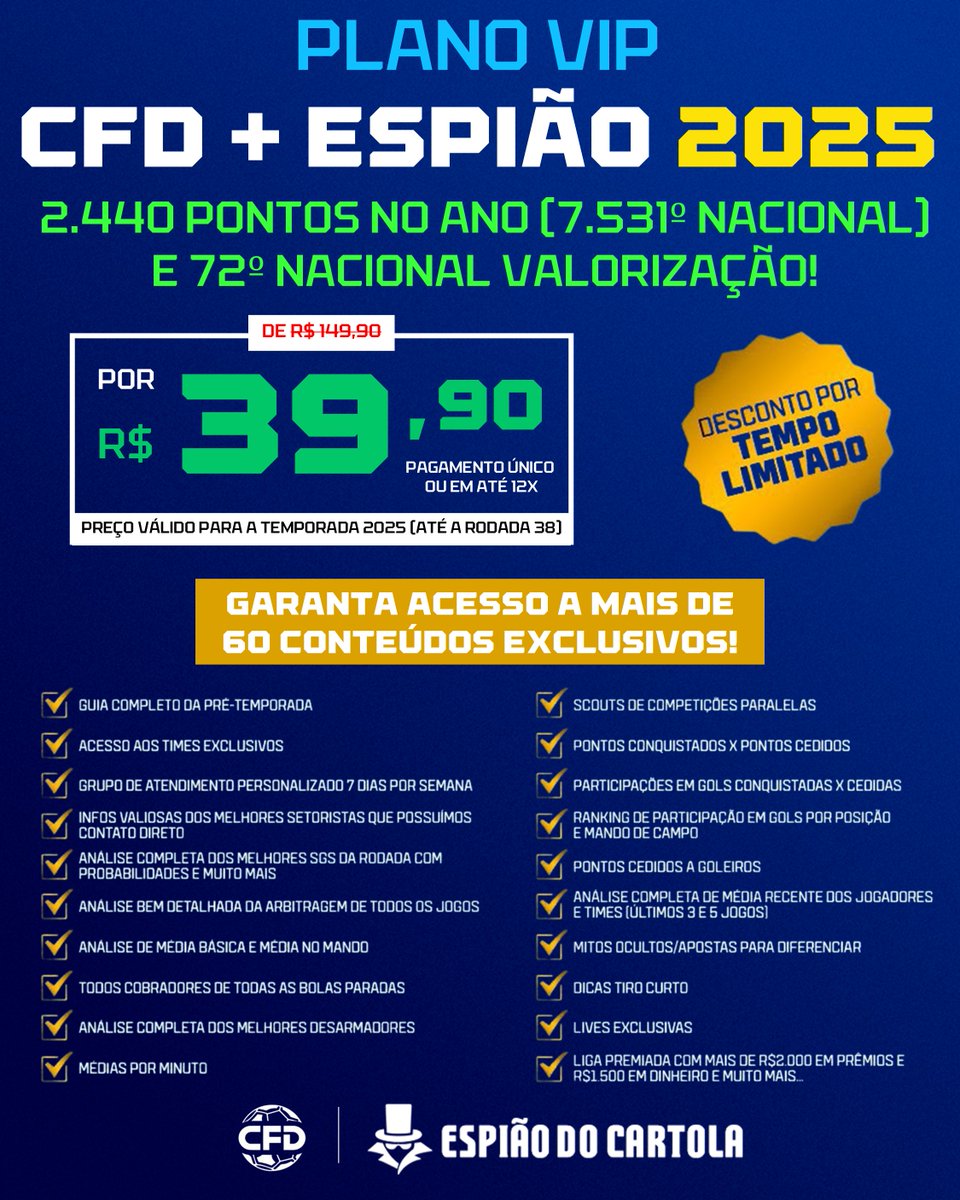 ESTAMOS VOANDO NO ANO E TEM DESCONTO PRA VOCÊ MITAR TAMBÉM!

70% off para ter acesso ao Seleção CFD VIP com mais de 2.440 pontos (7.531º nacional) e ao Valorização 72º Nacional, além de mais de 60 conteúdos!

De 149 por 39,90!

Acesse bit.ly/SocioCFD e garanta sua vaga!