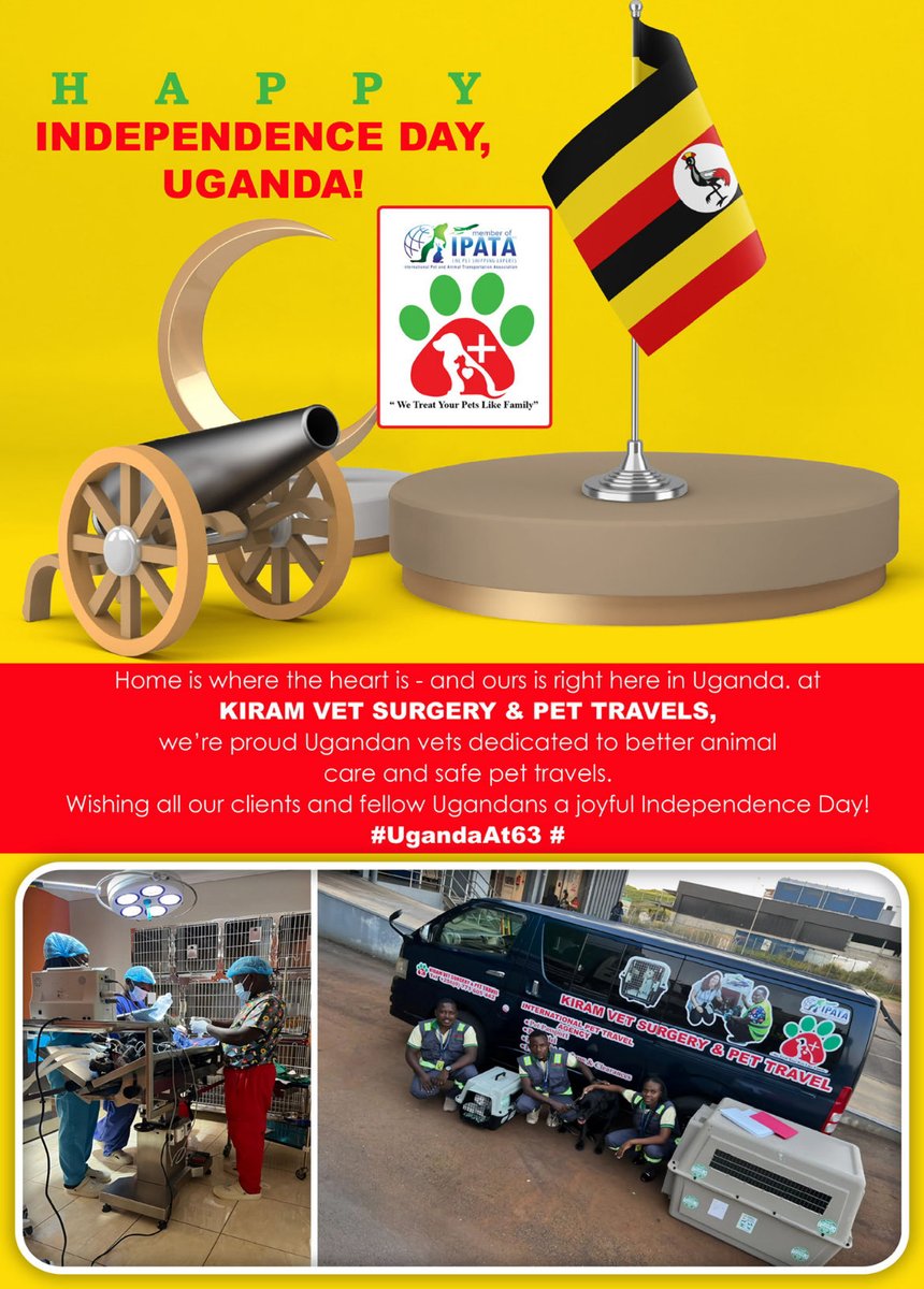 🇺🇬 Happy Independence Day, Uganda! 🎉🐾

Home is where the heart is — and ours is right here in Uganda. ❤️

At Kiram Vet Surgery &amp; Pet Travels, we’re proud Ugandan vets dedicated to better animal care and safe pet travels.

Wishing all our clients and fellow Ugandans