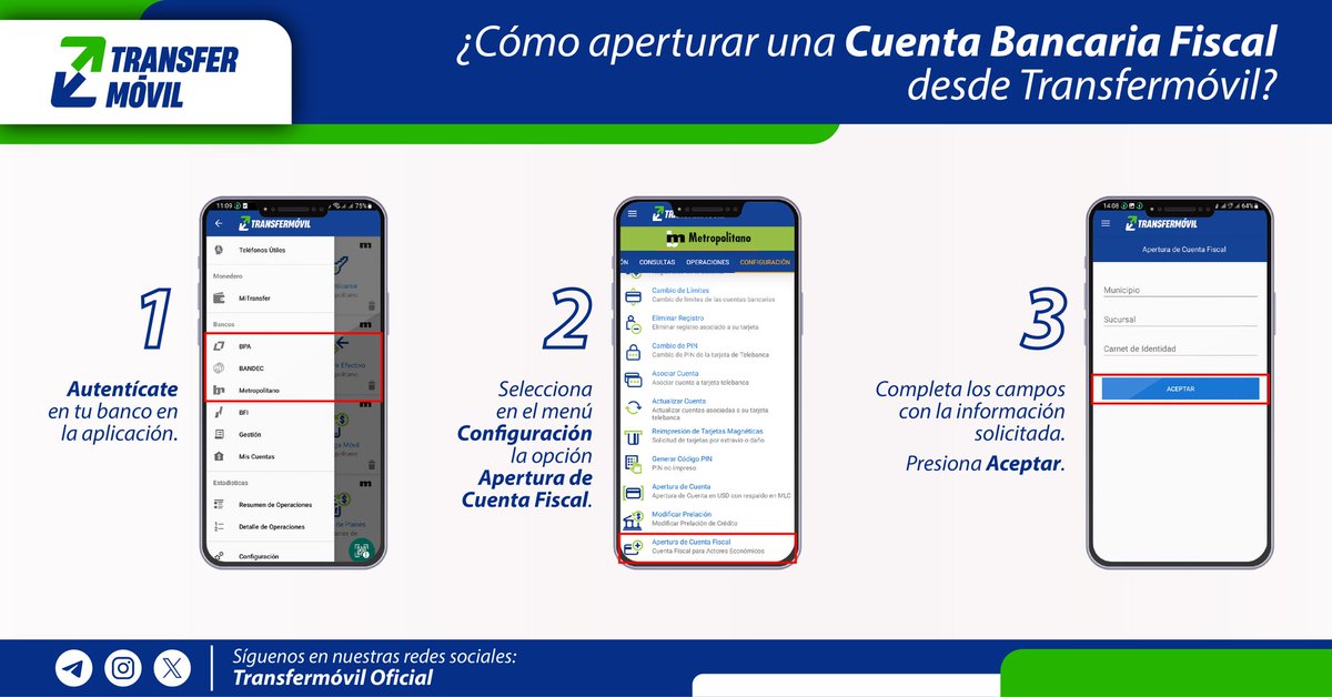 Con #Transfermóvil puedes solicitar la apertura de tu #Cuenta_Bancaria_Fiscal, ¡desde cualquier sitio en el que te encuentres! 🤩

Recuerda portar la documentación necesaria al momento de recoger la tarjeta en la sucursal seleccionada. 📂