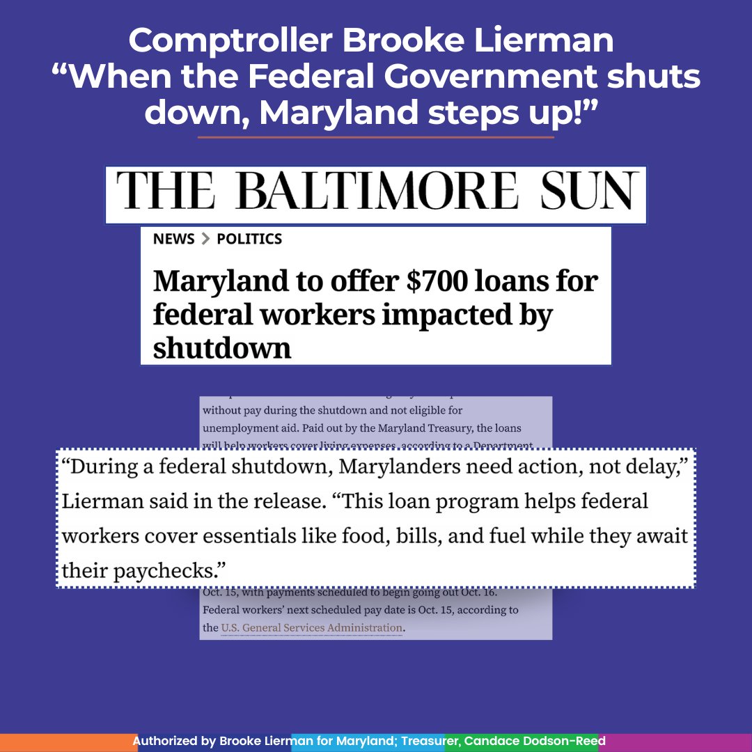When the federal government shuts down, Maryland steps up.

This new $700 loan program will help federal workers who are required to work without pay cover essentials like food, bills, and fuel while they await their paychecks.

Learn more and apply here: ow.ly/7Gtc50X8Fnn