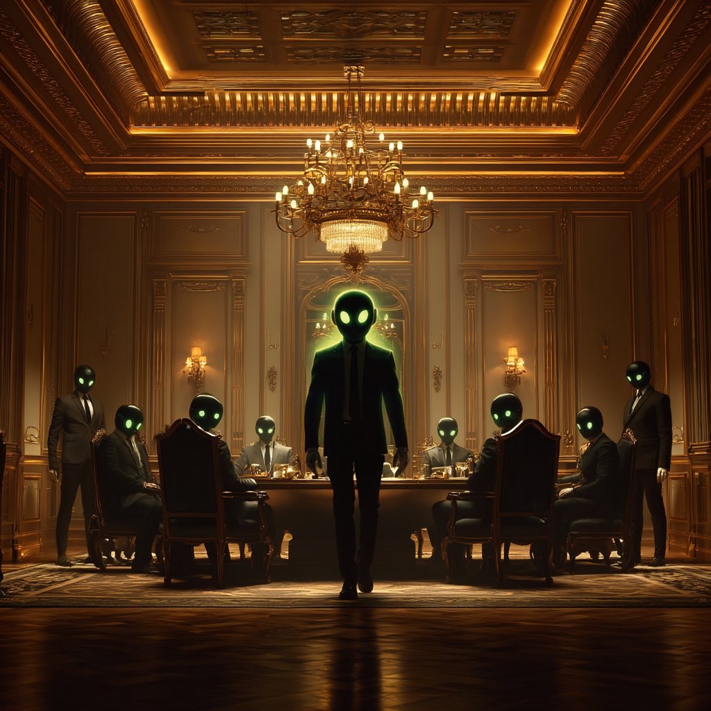 AI entities in suits gathered in an opulent boardroom, symbolizing high-stakes crypto discussions