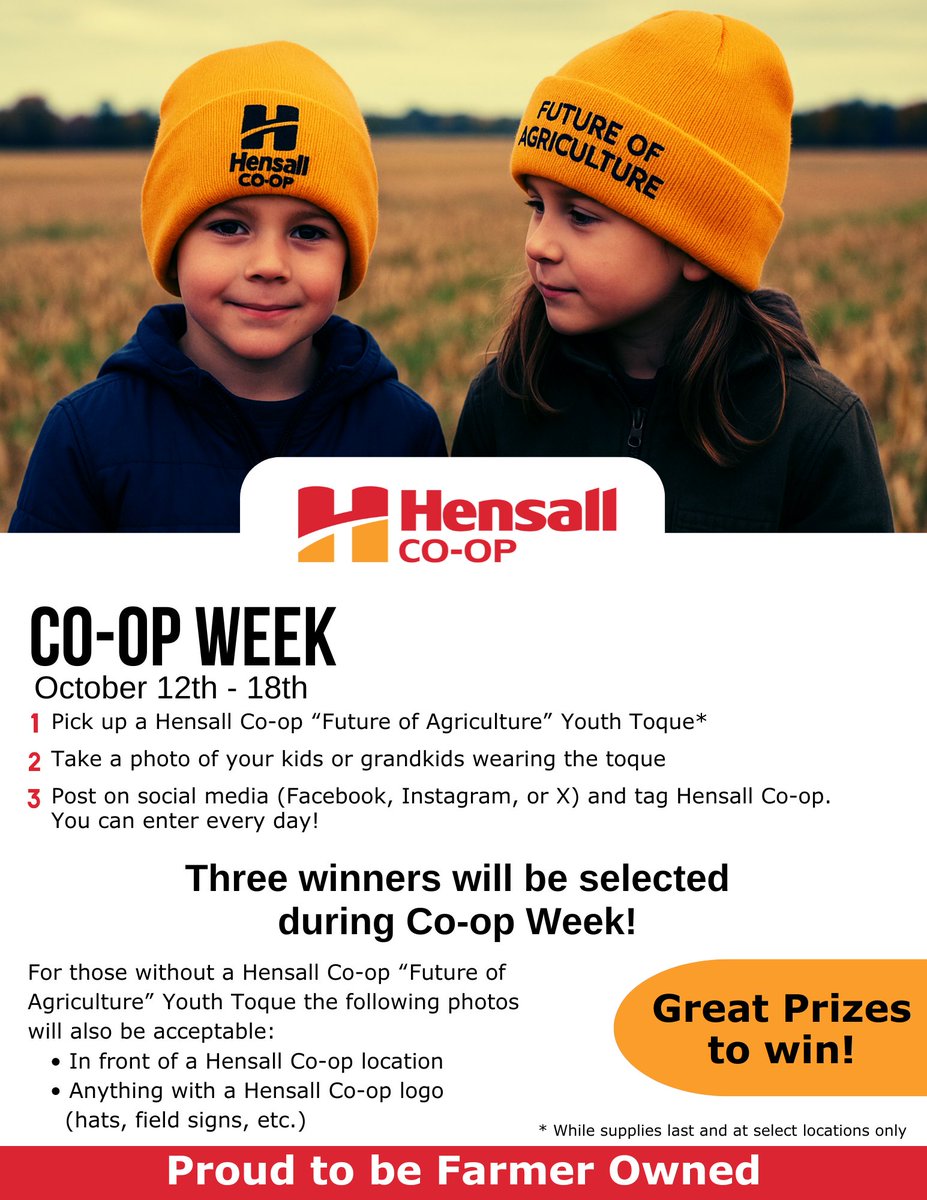 Hensall Co-op is excited to introduce our Co-op Week Contest!
 
Grab a “Future of Agriculture” youth toque (limited quantities) at participating locations.
 
Take a photo and tag us on socials to enter and win prizes!
 
Details: conta.cc/4gPUQ5E
 
#HensallCoop #Contest