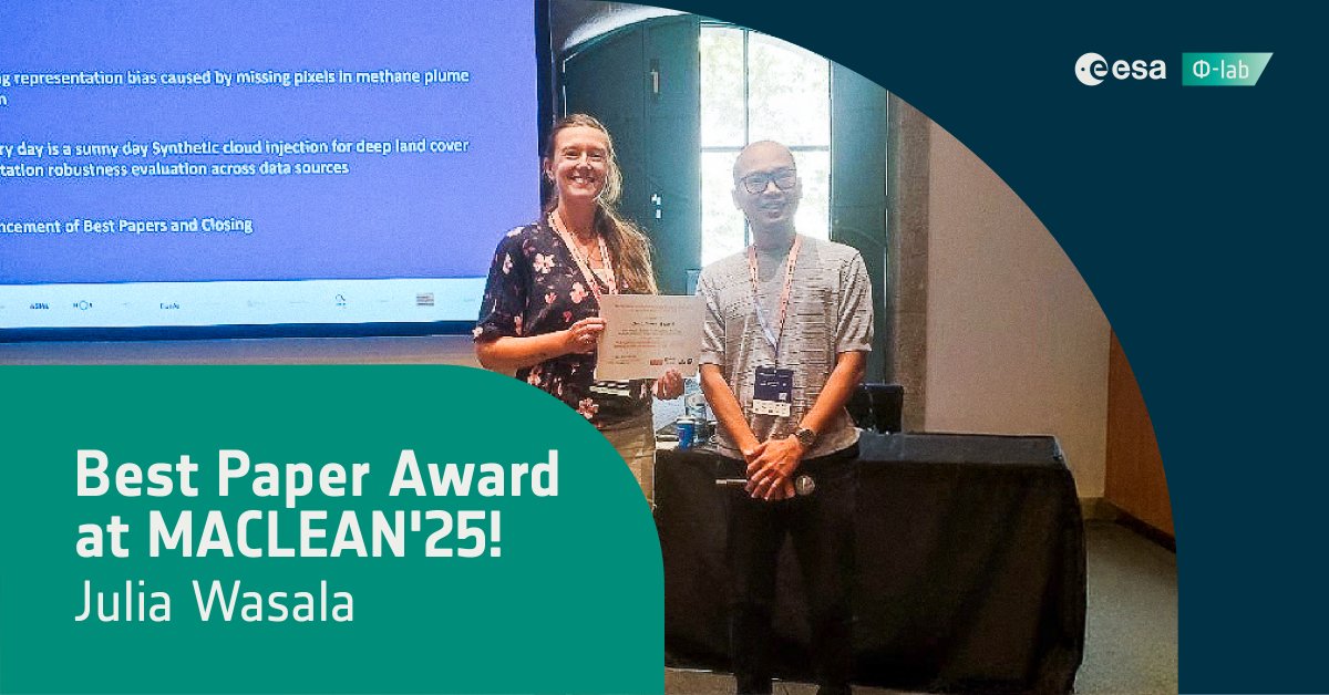 Congrats to Julia Wąsala, PhD student at Universiteit Leiden, for winning Best Paper at MACLEAN'25! Her work on mitigating bias in methane plume detection, supported by ESA &amp; co-supervised by Rochelle Schneider &amp; Holger Hoos, shines. 🎉 #MACLEAN25 #AIResearch #EarthObservation
