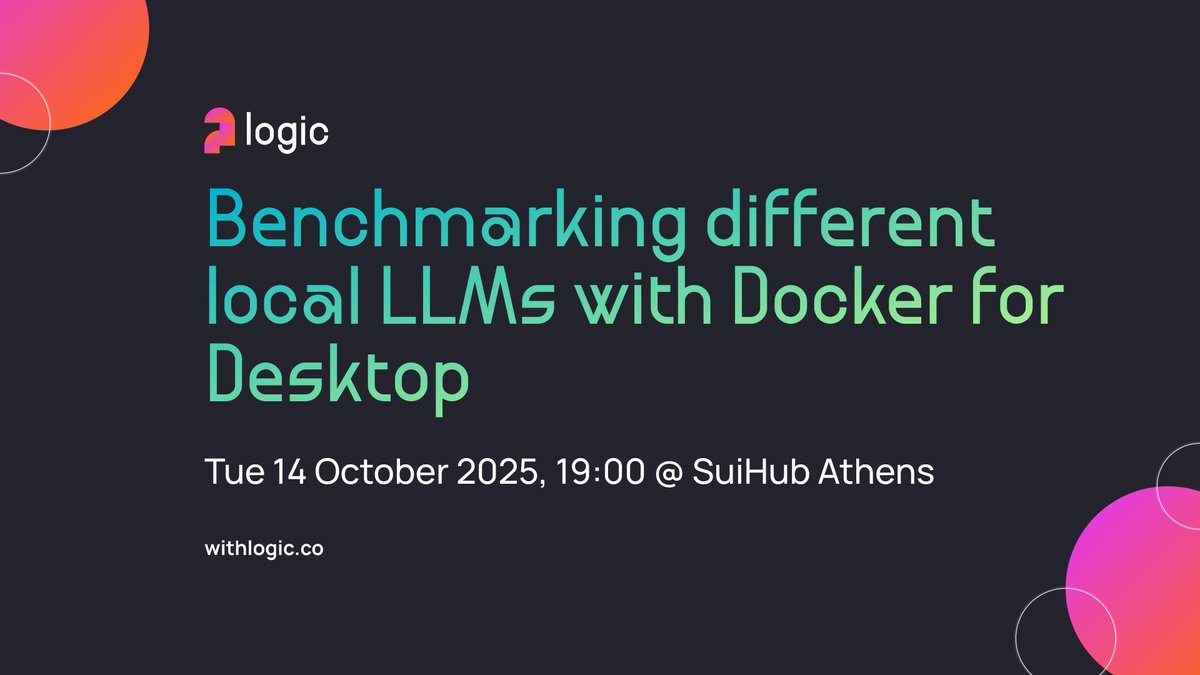 We’re SO back! 🍾 Docker Athens kicks off the season on Oct 14, 19:00, at <a href="/SuiHubEU/">SuiHub Europe</a> with a super exciting session on benchmarking local #LLMs with #Docker Desktop.

🎙️Speakers: <a href="/akalipetis/">Antonis Kalipetis</a> and <a href="/pariskasid/">Paris Kasidiaris</a> 
📍Agiou Markou 22, Athens
🔗meetup.com/docker-athens/…