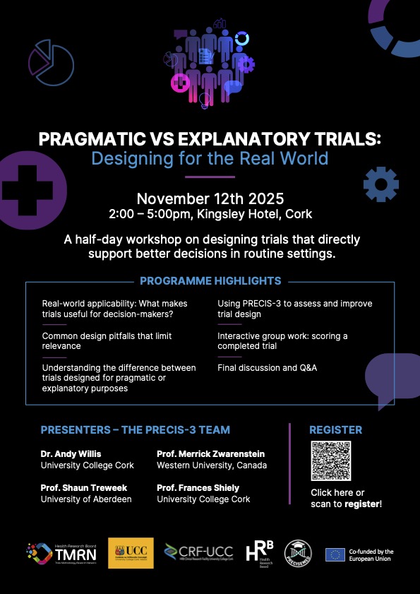 hrbtmrn's tweet image. Pre-symposium workshop on Pragmatic Vs Explanatory Trials. Join Prof. Frances Shiely, Prof. Merrick Zwarenstein, @shauntreweek &amp;amp; Dr Andy Willis on Nov 12, 2–5pm in Cork to learn about PRECIS-3, avoid common pitfalls, &amp;amp; improve trial relevance. To register: eventbrite.ie/e/167288533807…