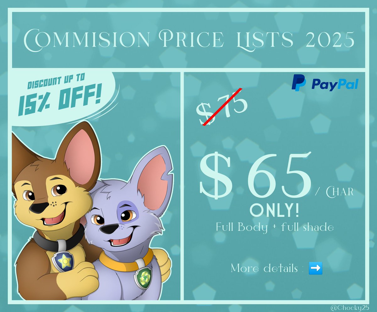 R_Project25's tweet image. COMMISSION OPEN!

*NEW PRICES!

GOOD NEWS! Now the Commission Prices are down!

So what are you waiting for! Let&apos;s Order The available Slots!

Thanks for Supporting Me and My Art! Every order, will be very appreciated!

#Commision #commissionsopen #CommissionSheet #PAWPatrol